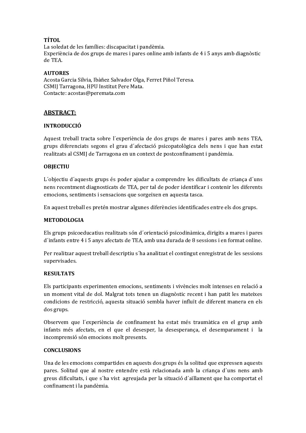 Abstract La soledat de les families