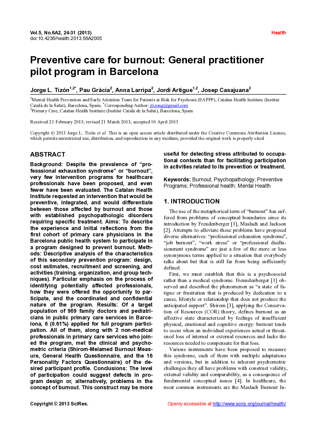 BO Preventive care for burnout. Tizón et al.