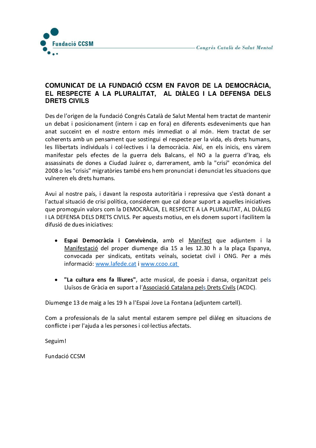 COMUNICAT DE LA FCCSM EN FAVOR DE LA DEMOCRÀCIA