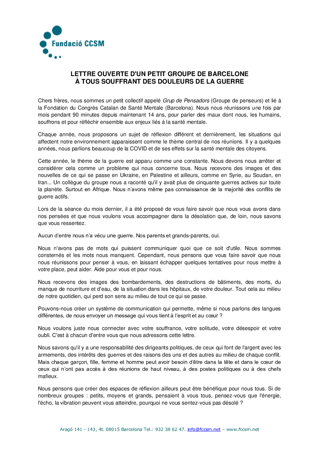 Lettre ouverte - La douleur de la guèrre - FR