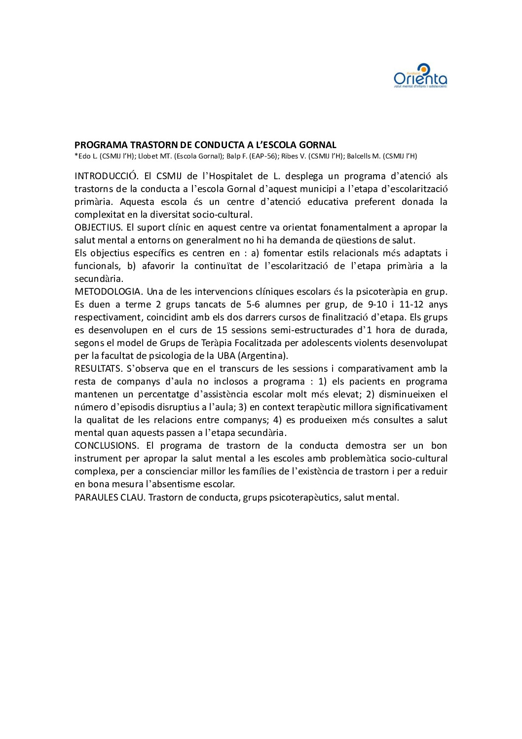 PROGRAMA TRASTORN DE CONDUCTA A L’ESCOLA GORNAL.CCSM PTC