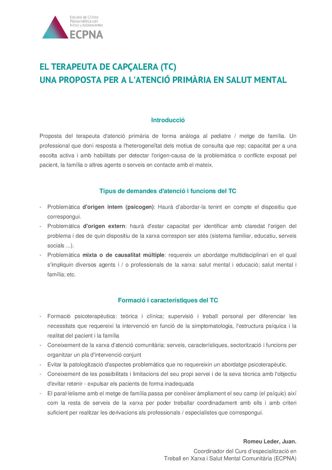 Póster El Terapeuta de Capçalera (TC) ECPNA