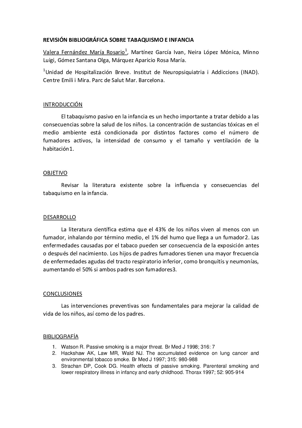 Revisión Bibliográfica sobre tabaquismo e infancia