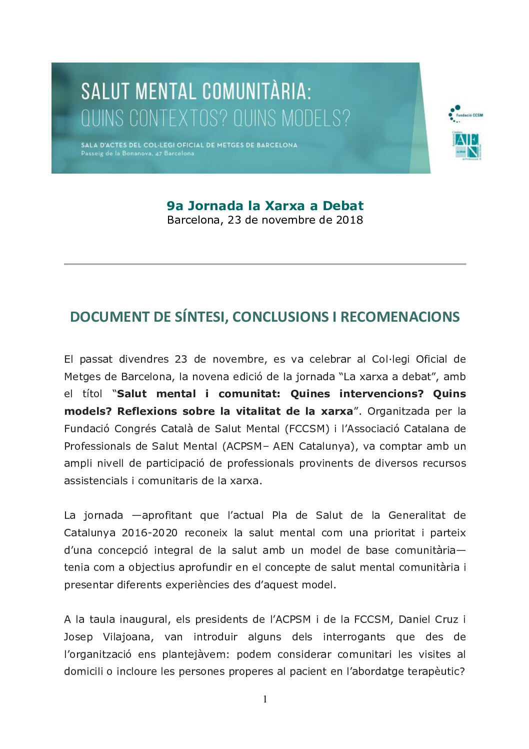 Sintesi conclusions i recomanacions 9a Jornada la Xarxa a Debat