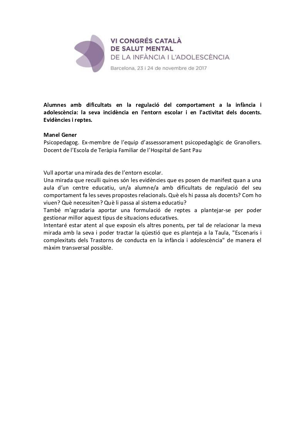 alumnes amb dificultats en la regulació del comportament .Manel Gener
