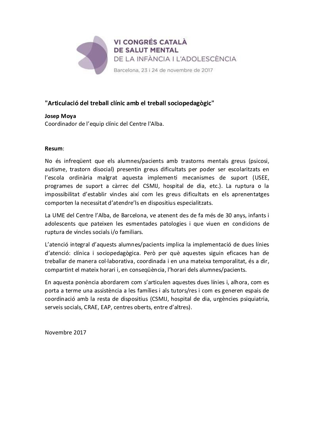 articulacio del treball clínic amb el treball sociopedagogic. Josep Moya