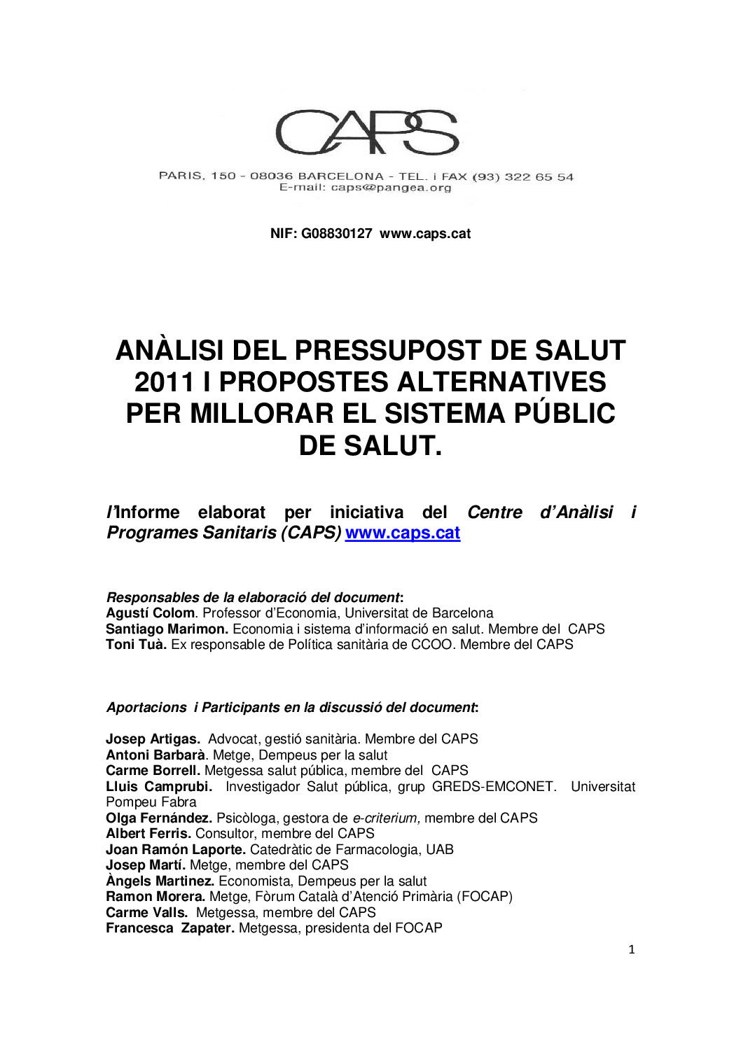Anàlisi del pressupost de salut 2011