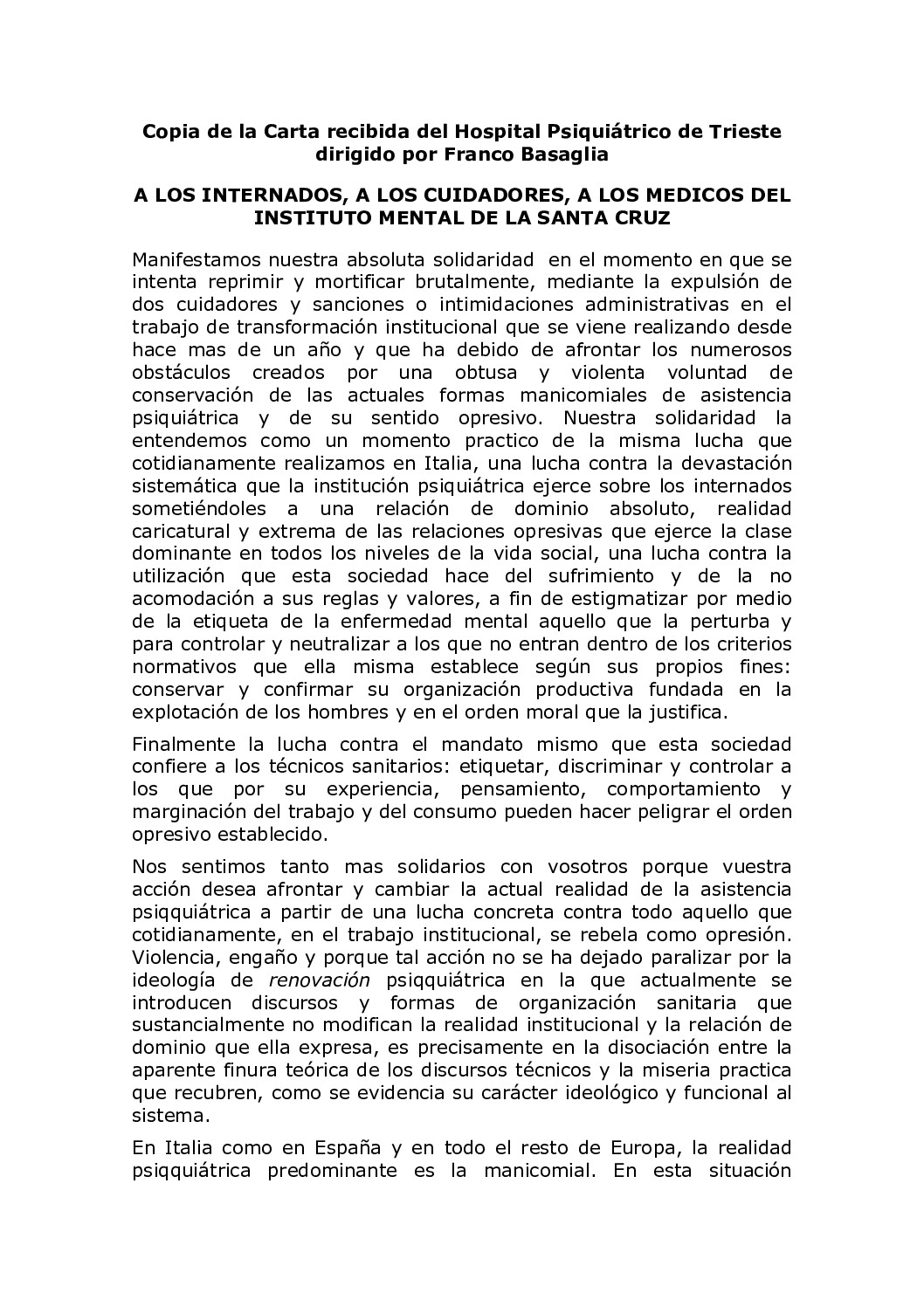 carta recibida del hospital psiquiátrico de Trieste
