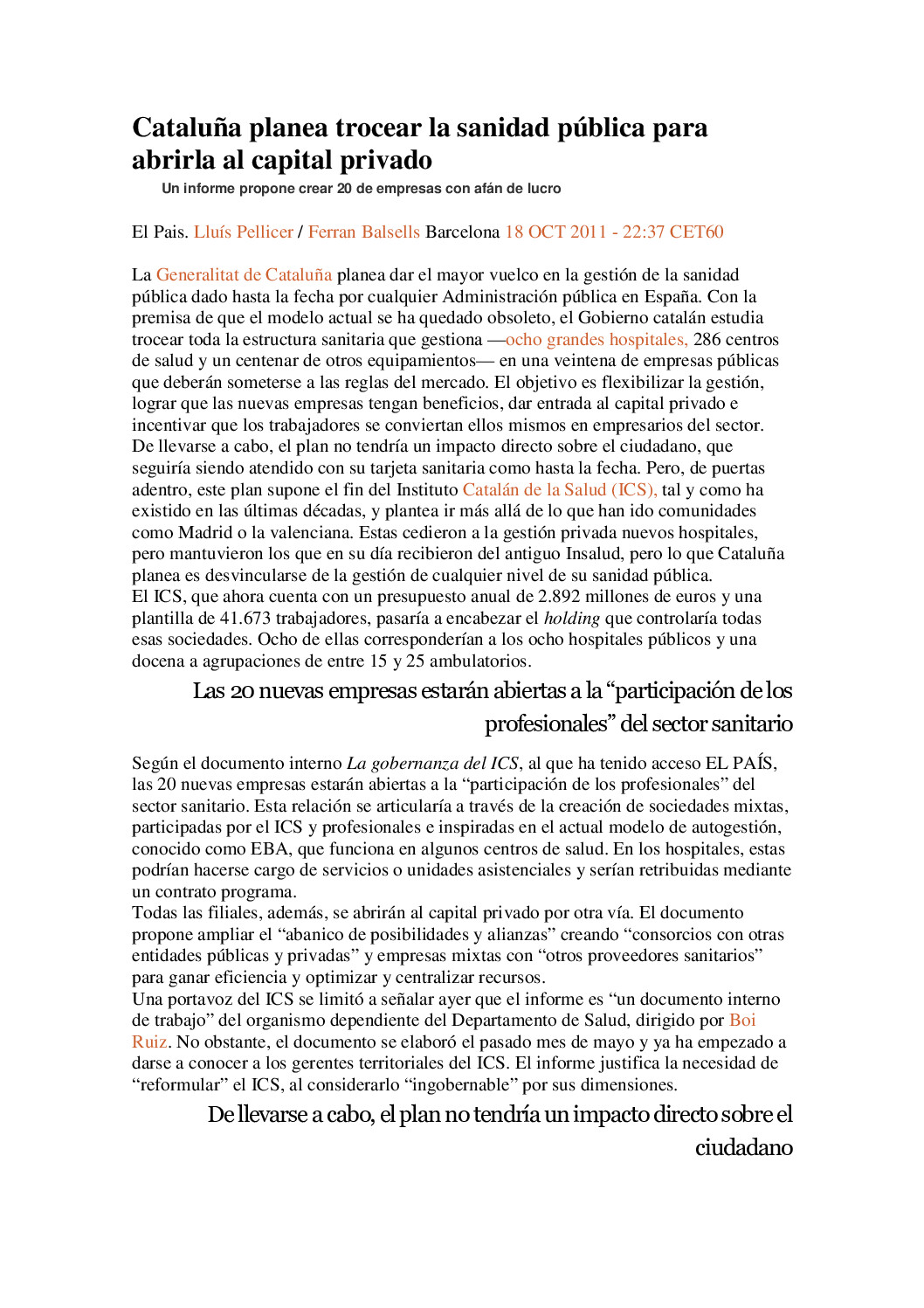 Trocear la sanidad pública