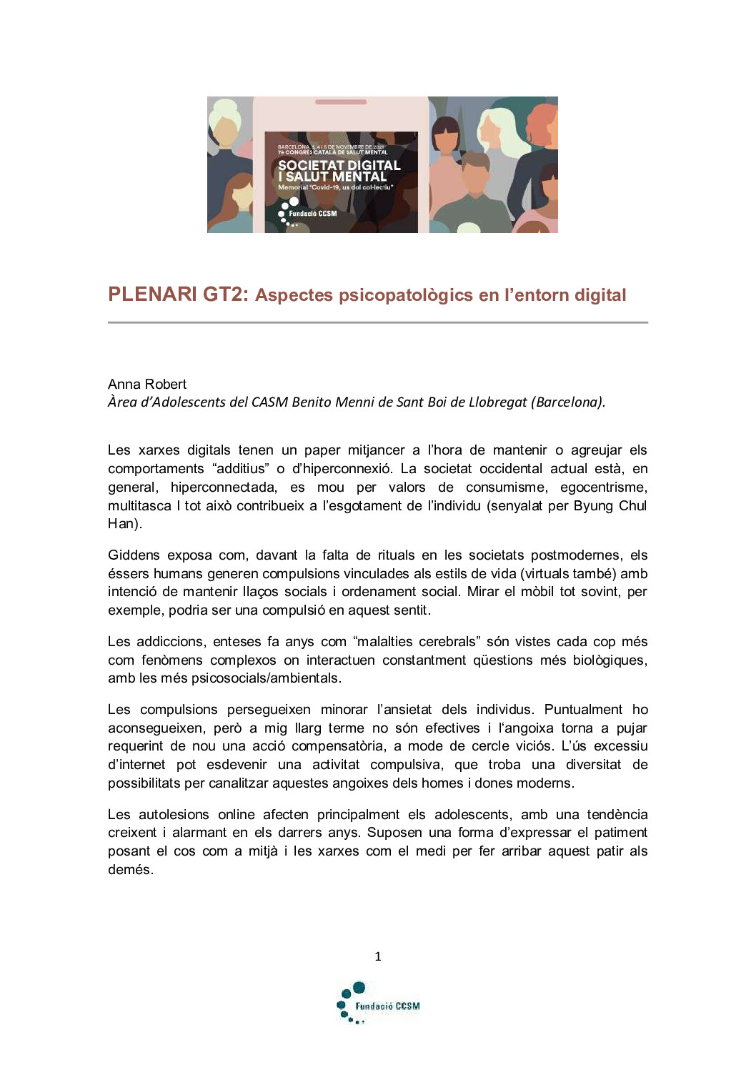 7è Congrés SM - PLENARI GT2 - ASPECTES PSICOPATOLÒGICS EN L’ENTORN DIGITAL