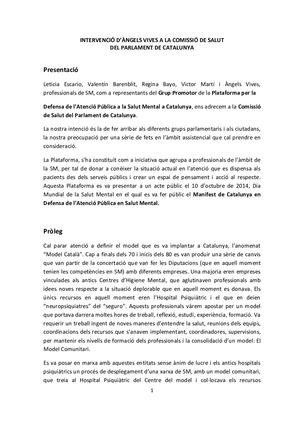 document a presentar a la comissió de salut parlament de catalunya