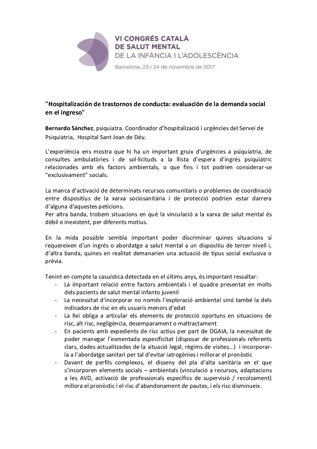 hospitalización de trastornos de conducta. bernardo sanchez