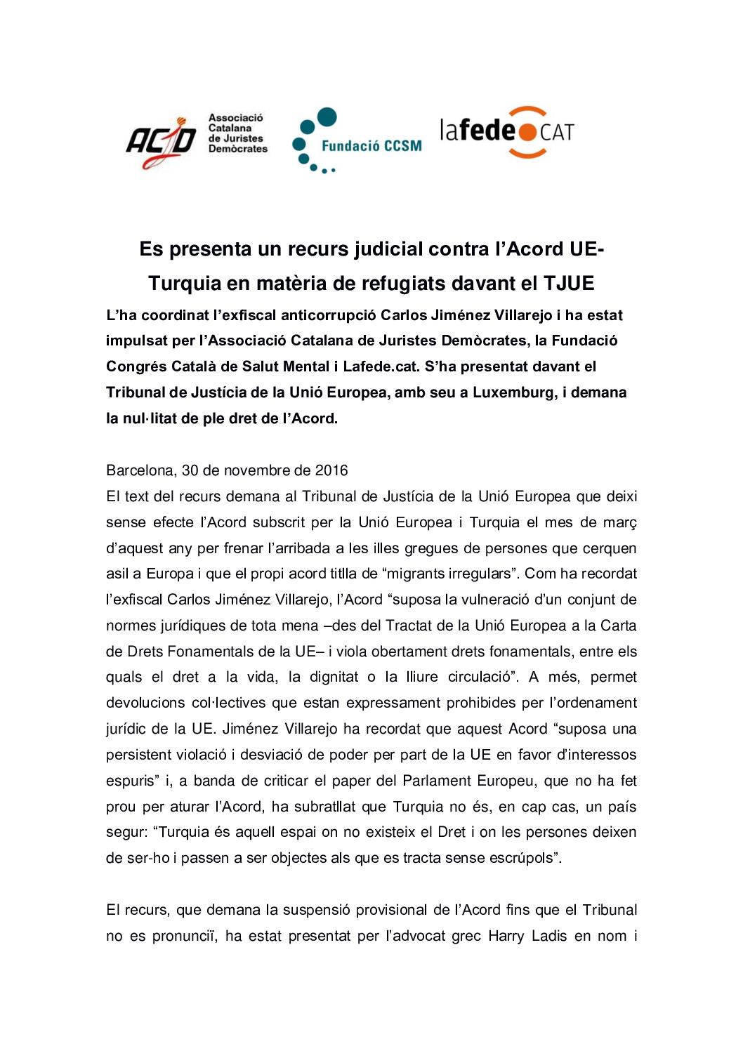 Recurs judicial contra l’Acord UE-Turquia en matèria de refugiats davant el TJUE