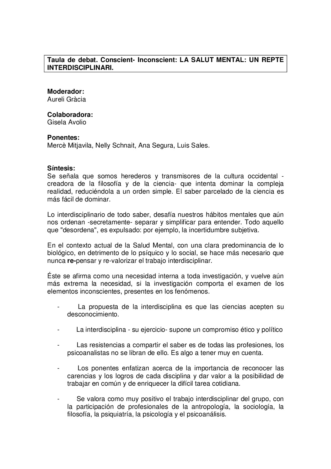 La salut mental: un repte interdisciplinari